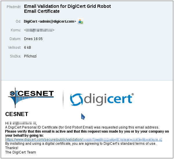 Ověřovací email Digicertu