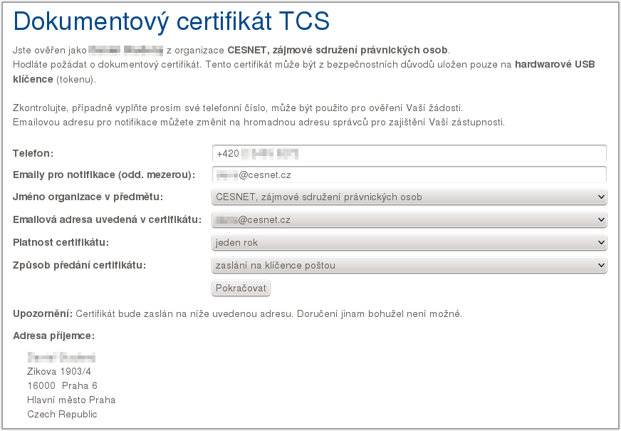Žádost o dokumentový certifikát