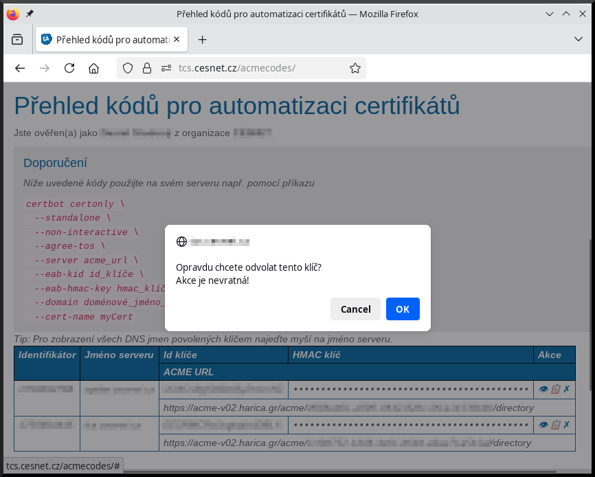 Revokace klíče pro automatizaci Revokace klíče pro automatizaci